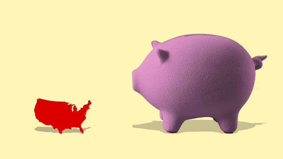 Illustration of a giant pink piggy bank next to the shape of the United States