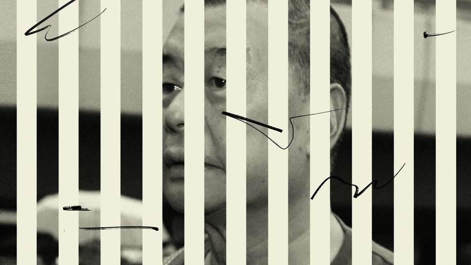 A photo illustration of Jimmy Lai behind bars