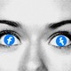 Close-up of a woman's face, her eyes replaced by Facebook logos