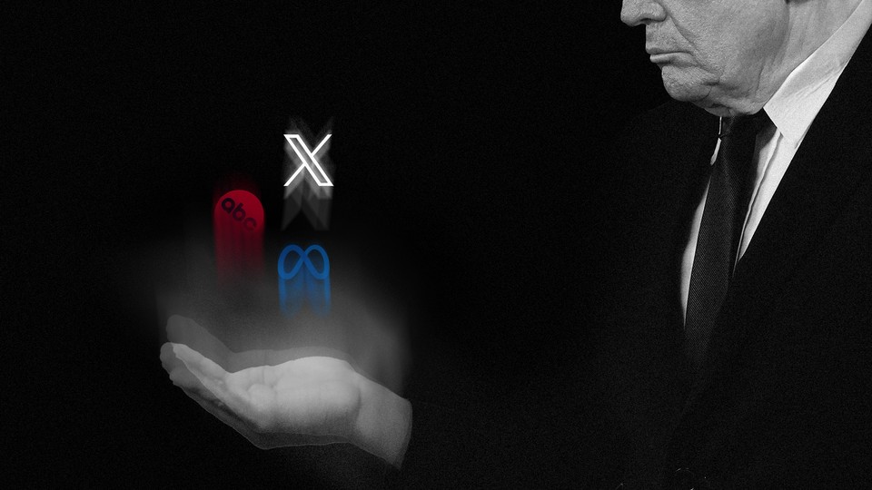 Graphic illustration of a black-and-white photo of Donald Trump holding the logos of X, Meta, and ABC in the palm of his hand