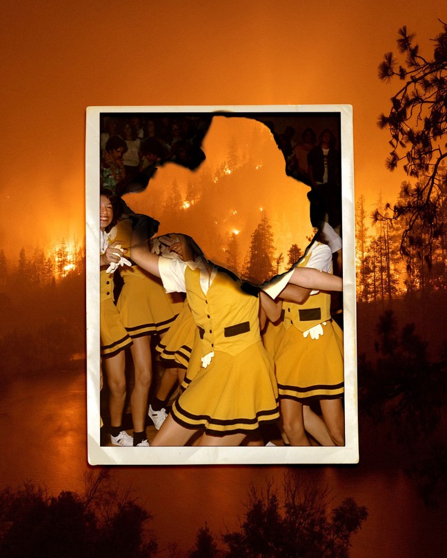 Illustration showing a picture of a wildfire in the woods overlaid with a polaroid of schoolgirls wearing yellow uniforms. The polaroid is burnt, so the faces of most of the girls are not visible.
