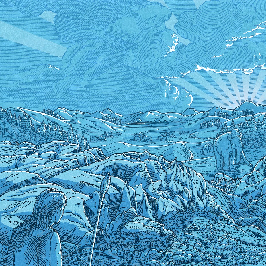 Illustration of ancient human with spear looking across glacial valley toward megafauna with sun rising behind landscape