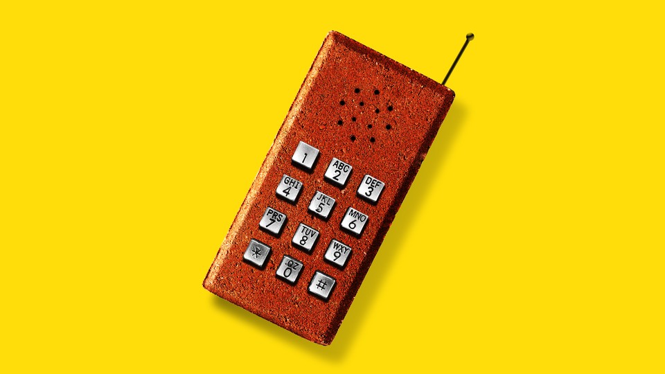 An illustration of a brick with a speaker, antenna, and dial buttons like a phone.