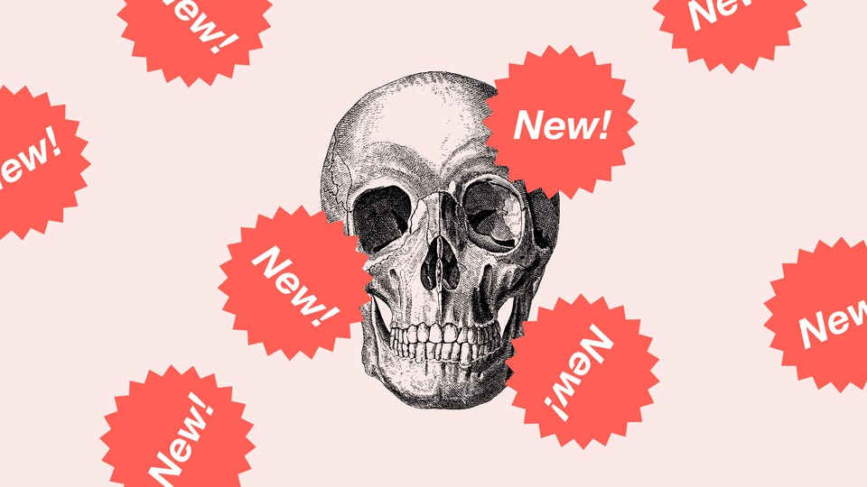 A skull surrounded by stickers that say "New!"