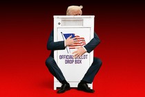 Donald Trump hugging a ballot box from behind