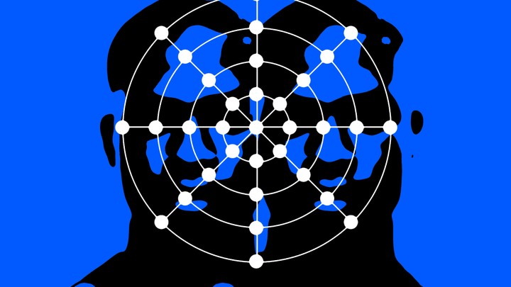 An illustration shows two abstract faces overlaid by the spiderweb-like nodes of a facial-recognition system.