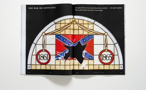 Photo of magazine spread for story "The War on Nostalgia" with shattered stained-glass confederate flag