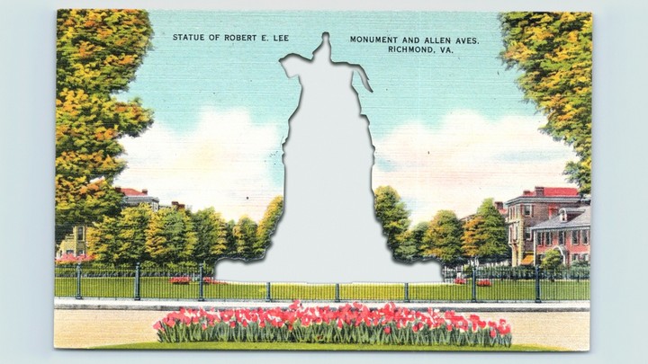 An illustration of a postcard with Robert E. Lee's statue cut out