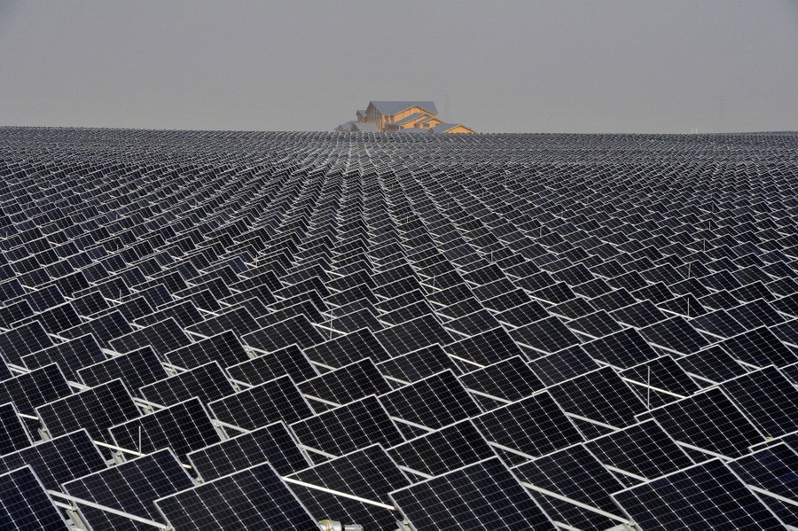 A broad array of hundreds of solar panels cover a flat area.