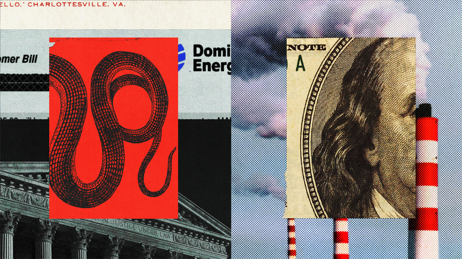 A photographic collage of money, a snake, smoke stacks, and the supreme court building.