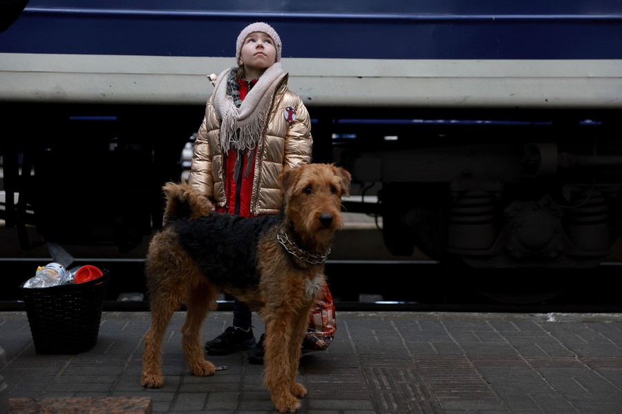 A girl stands on a train platform beside her dog.