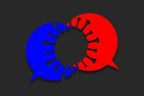 An illustration of a red and blue speech bubbles overlapping to form a coronavirus shape.