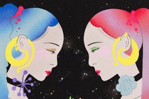 illustration of two women facing each other in front of a cosmic background