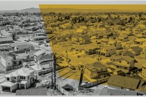 Aerial photo of sprawling houses with a yellow tint over half the image.