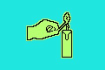 A pixelated hand lights a candle