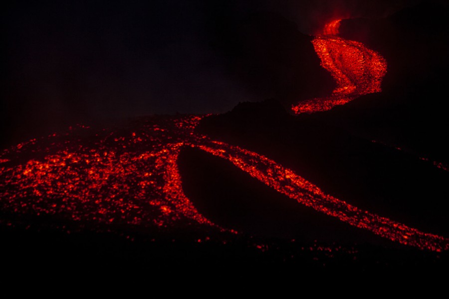 Lava flows, seen at night
