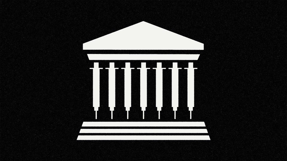 A white minimalist-cartoon rendition of the Supreme Court on a black background. The columns are made up of syringes.