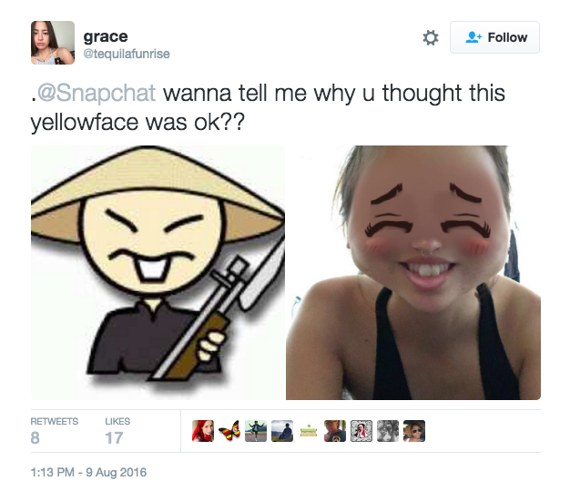 A tweet from @tequilafunrise: “wanna tell me why u thought this yellowface was ok??” Two images attached to the tweet depict a woman using the filter and clip art of a yellowface caricature.
