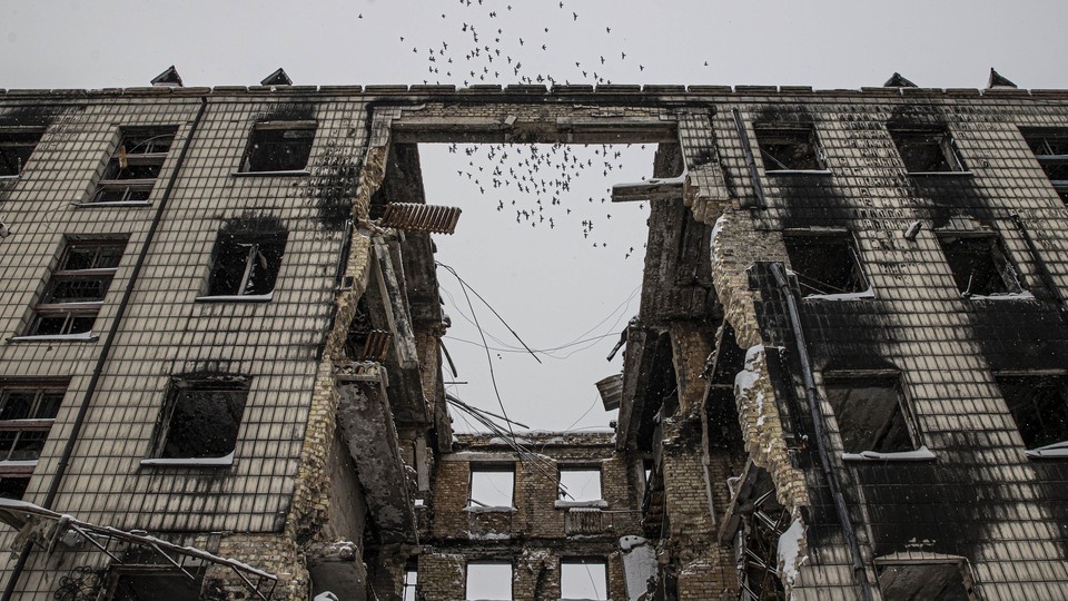 A flock of birds flies above the shell of a destroyed building.