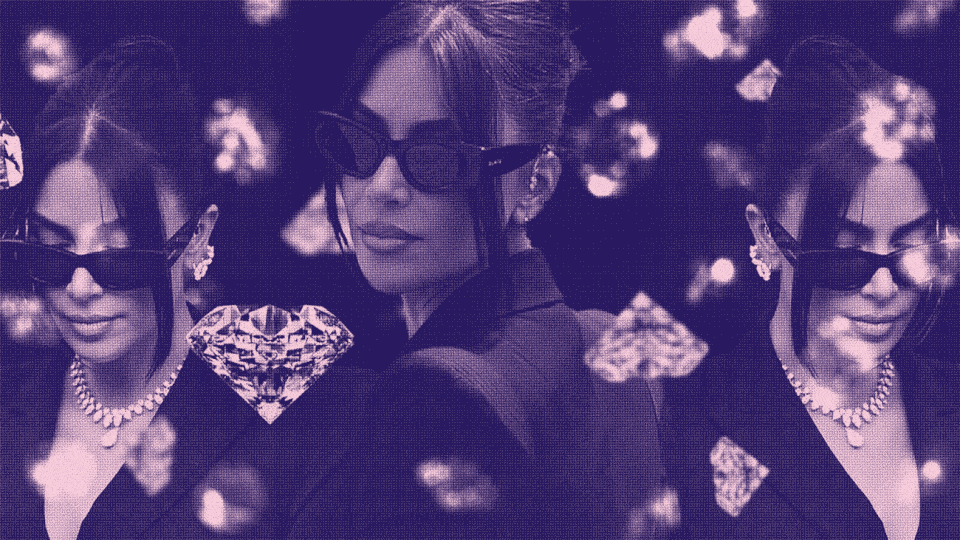 Three images of Kim Kardashian, with her hair up and sunglasses on, as well as a big diamond necklace