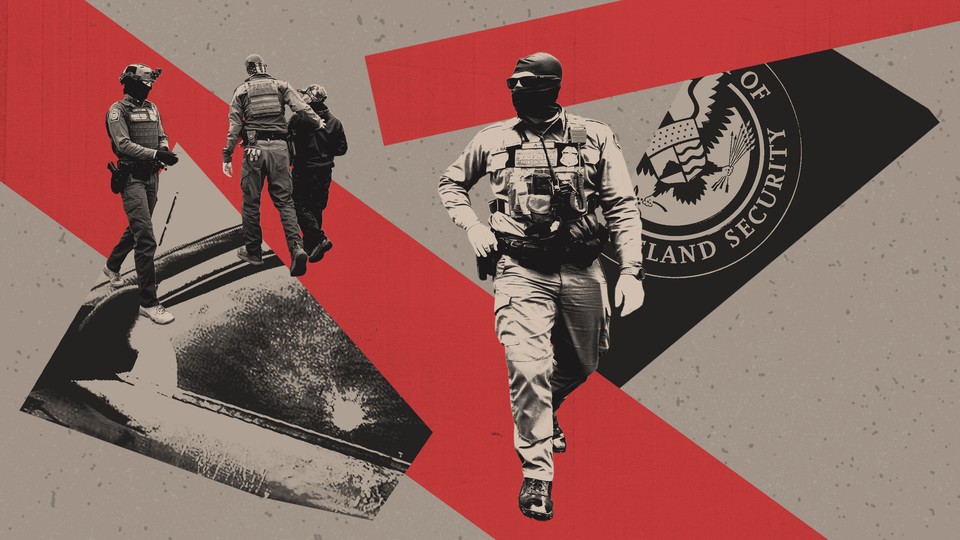 A photo illustration of immigration enforcement agents and the seal of the Department of Homeland Security