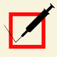 A syringe bent into the shape of a checkmark, superimposed over a red square