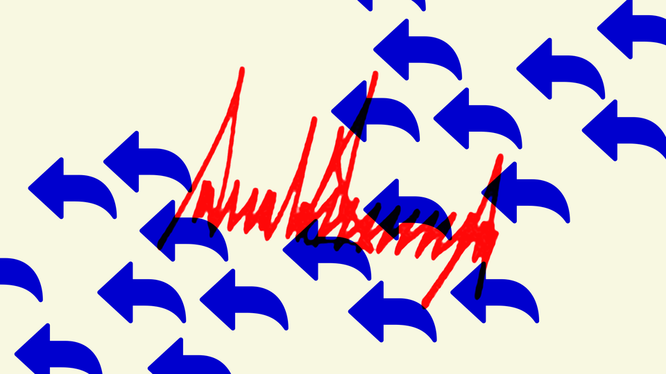 Illustration of blue arrows pointing backwards layered over a red Donald Trump signature
