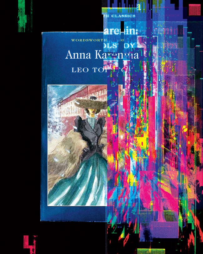illustration with cover of book 'Anna Karenina' disintegrating into digital noise on black background