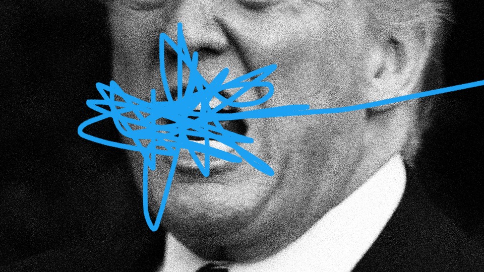 Donald Trump with blue squiggles covering his mouth.