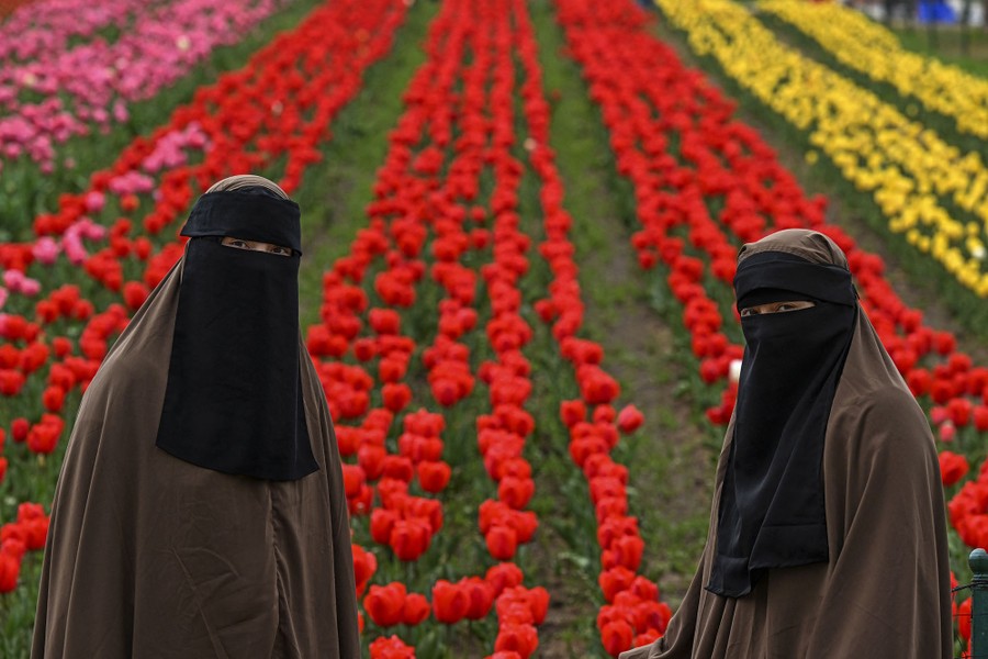 Two women wearing niqabs pose in front of rows of tulips.