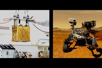 The gold moxie box is examined in a lab; the Perseverance rover carries it on Mars