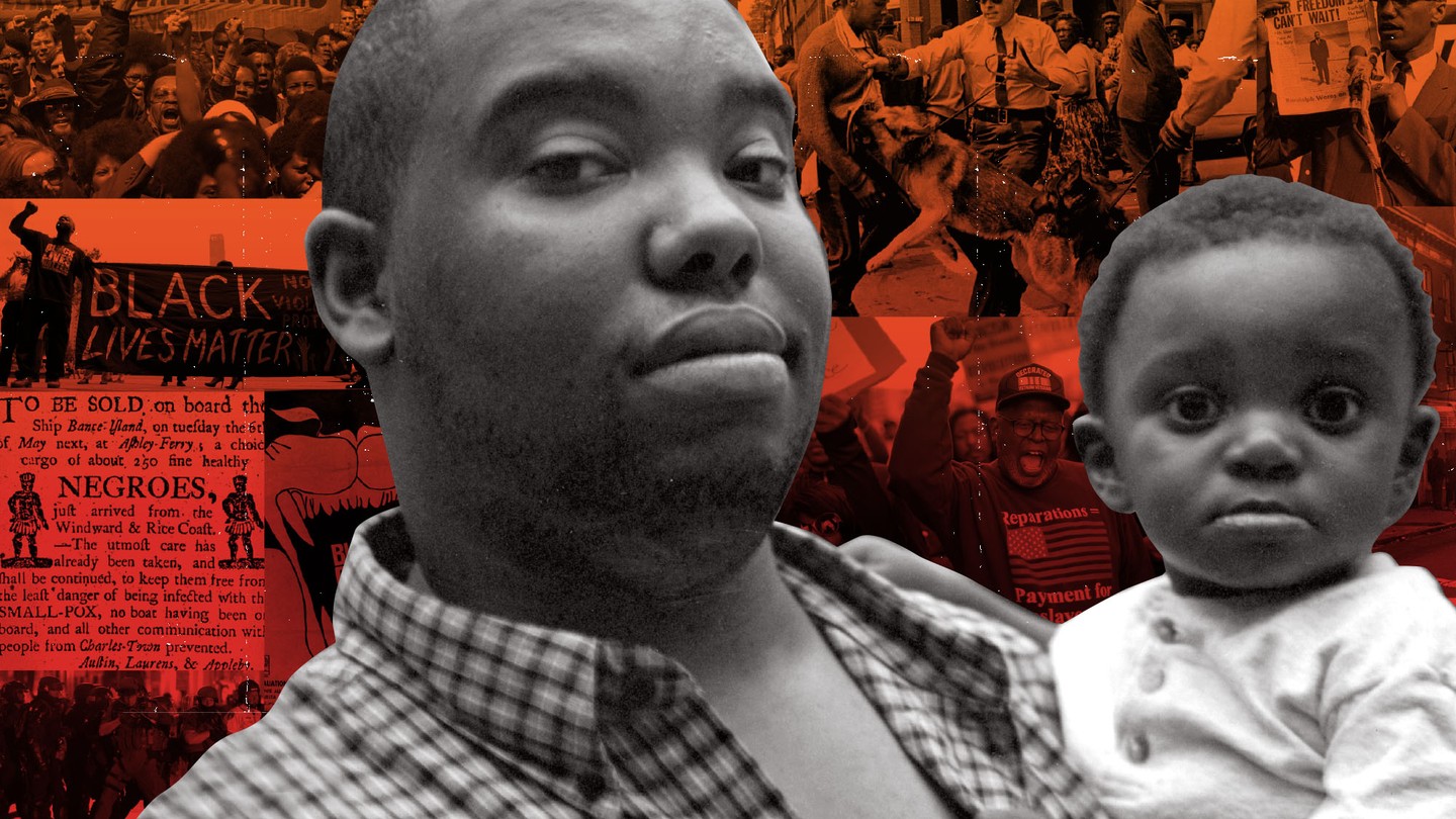 The author and his son, laid over images of Black Lives Matter and civil-rights protests