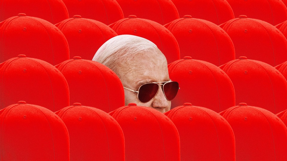 An image of Biden in a sea of red hats