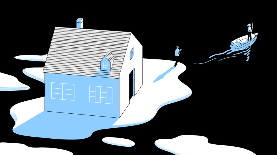 An illustration of a woman on a boat leaving an ice floe, which holds a house and her boyfriend