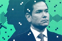 A photo of Marco Rubio superimposed over an illustration of somebody speaking on the phone