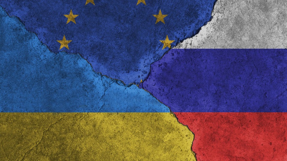 EU, Ukraine, Russia flags