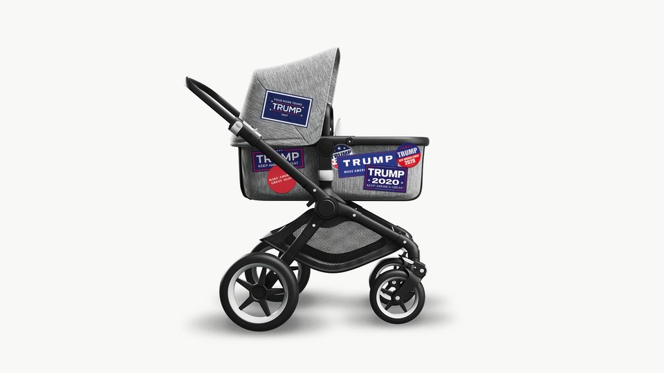 A baby stroller with Trump bumper stickers on it