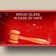 An illustration of a box that says "Break glass in case of hate" with a gavel inside