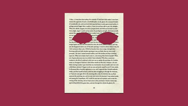 An illustration of a page from a novel with eye holes cut out
