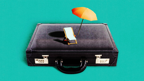 Illustration of a briefcase with an umbrella and a beach chair on top.