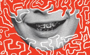 Illustration of smiling mouth with braces on red background surrounded by white squiggles