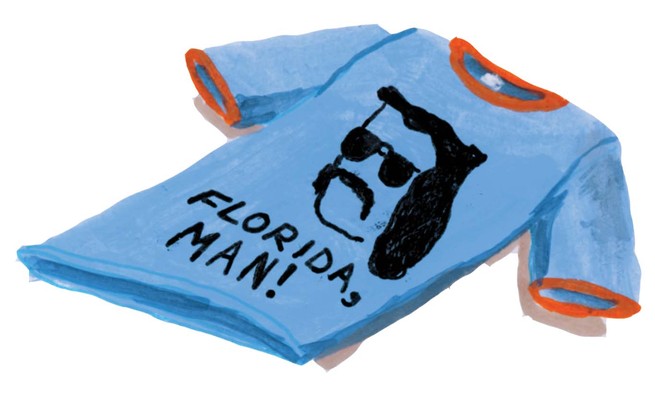 Illustration of T-shirt with "Florida, Man!" and drawing of man in sunglasses with mullet hairstyle shaped like the state of Florida