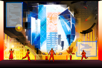 Cartoonish figures interact with the world through code.
