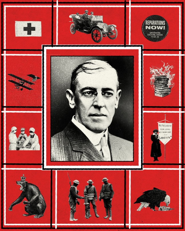 Woodrow Wilson surrounded by WWI emblems