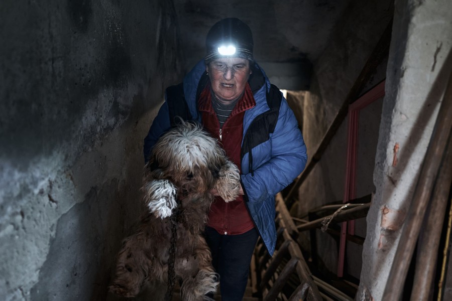A person carries a shaggy dog up a narrow stairwell.