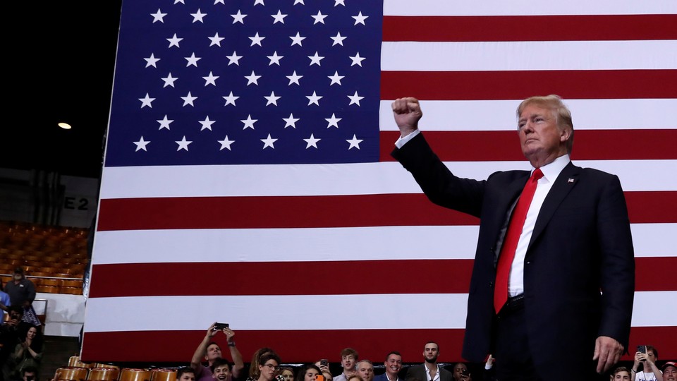 Trump holds up a fist against an American flag.