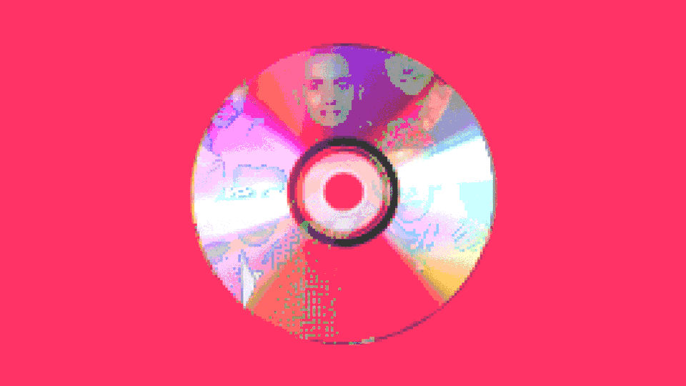 A spinning CD reflecting the faces of N*Sync against a neon pink background
