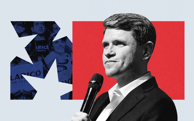 An illustration of James Talarico speaking against a backdrop of red and blue with images of his campaign rally attendees holding signs.