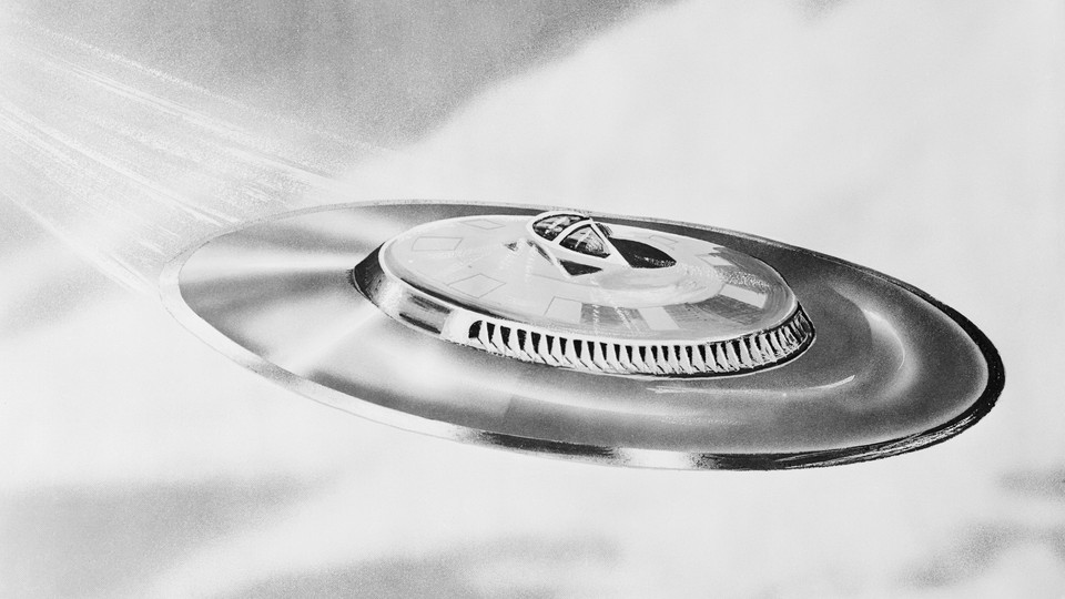 Black-and-white illustration of a flying saucer