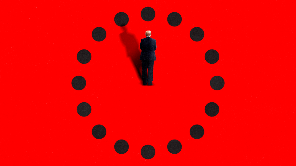Abstract illustration of a circle reminiscent of a clock face with an image of Trump and his shadow telling the time